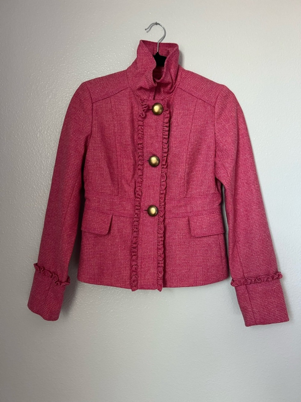 J. Crew Vintage Pink Robert Noble Ruffle-Trim Blazer with Gold Buttons